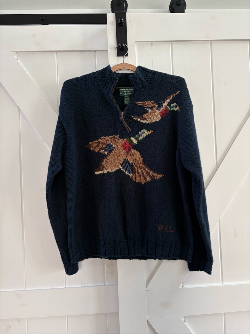 RARE Vintage Ralph Lauren Hand Knit 1/4 Zip Mock Neck Ducks Pullover Sweater